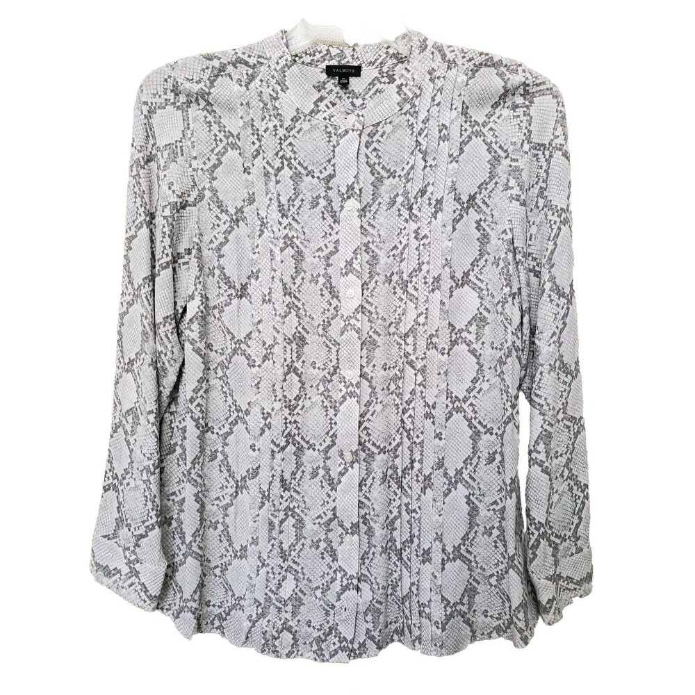 Talbots Viscose Gray Snakeskin Print Pleated Button-Up Shirt Size Medium